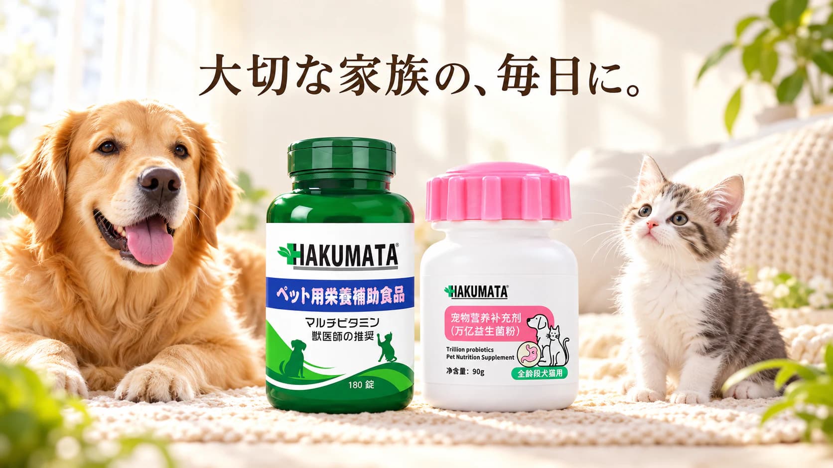 HAKUMATA pet wellness products with a golden retriever and kitten