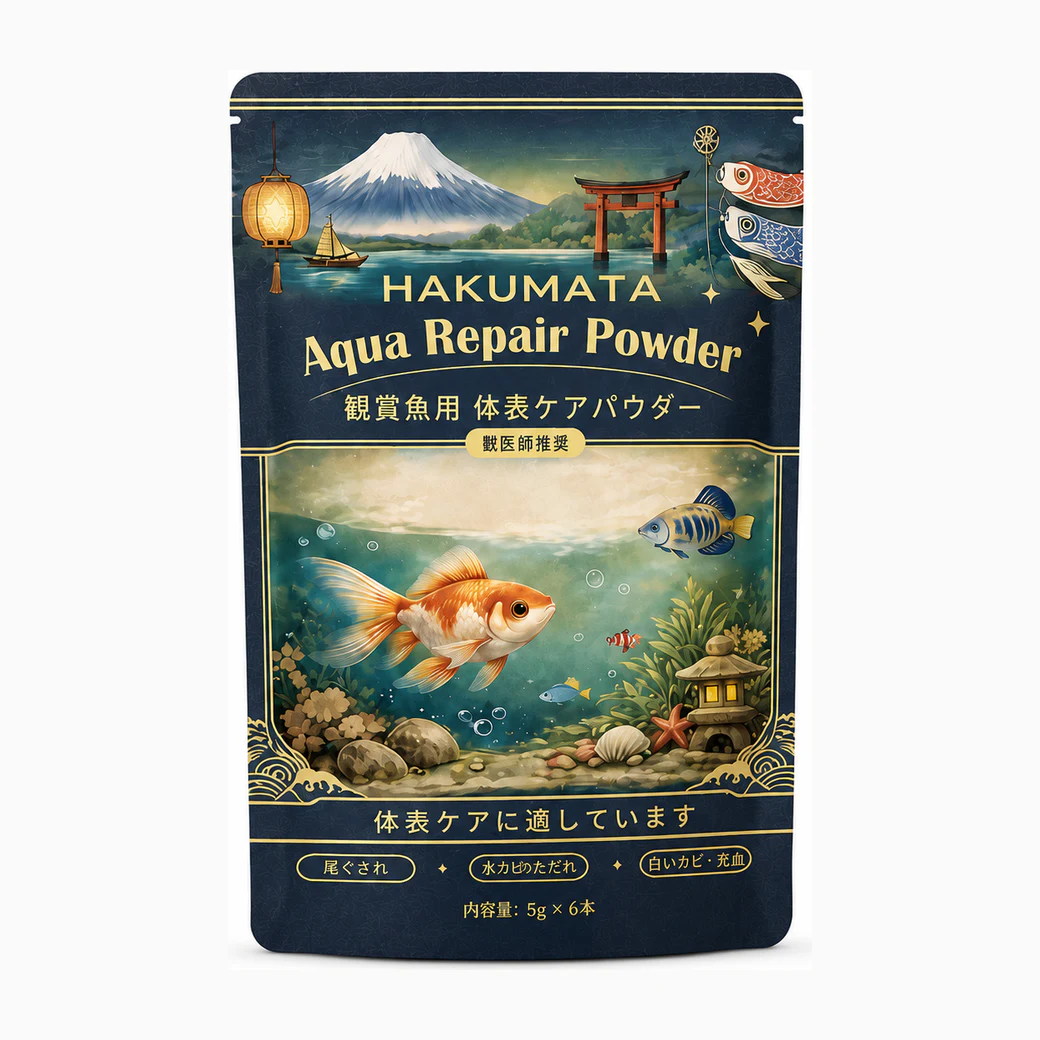 Упаковка HAKUMATA Aqua Repair Powder для ухода за аквариумной водой: 6 саше по 5 г, общий вес 30 г, производство Япония.